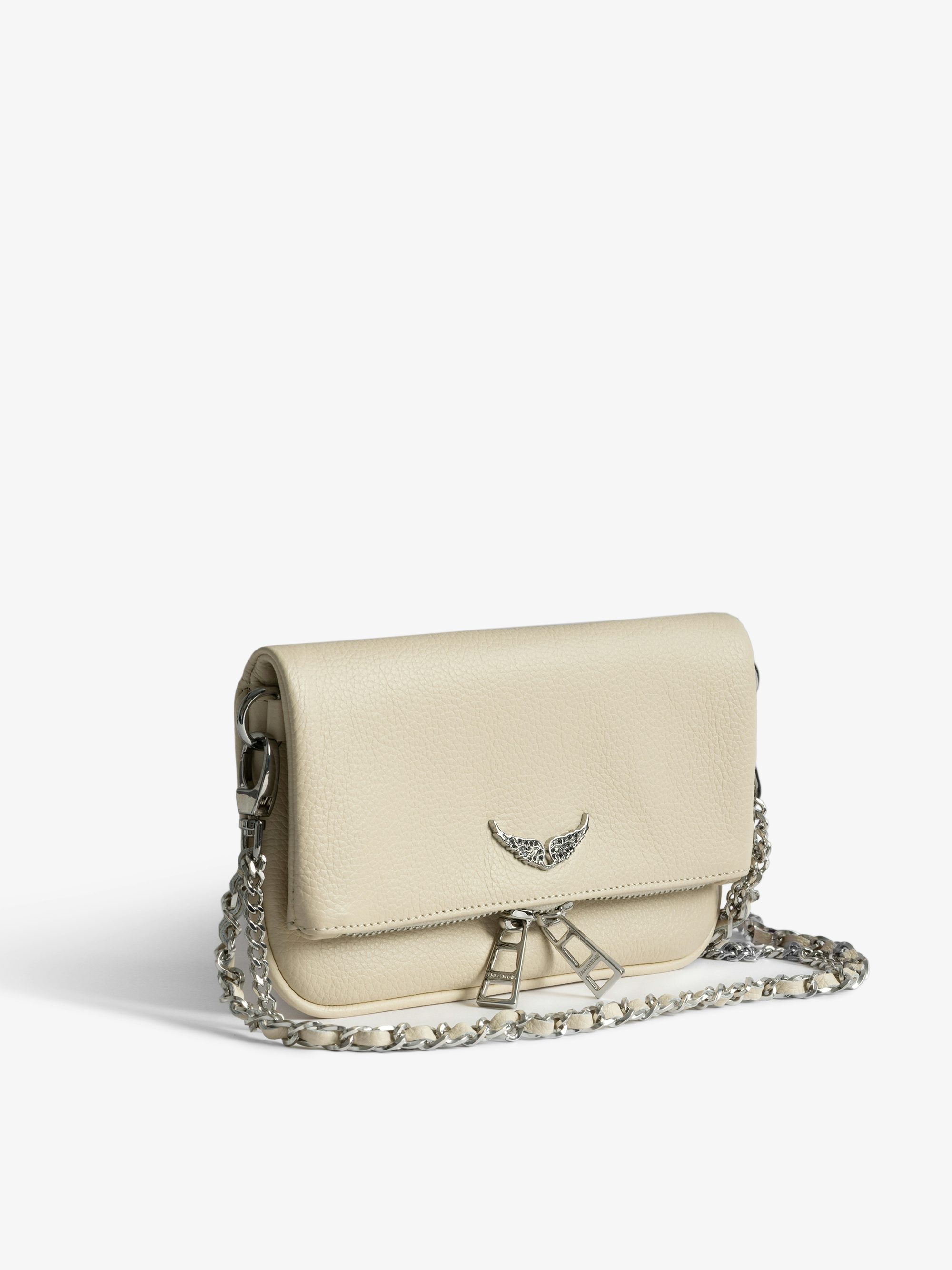 Rock Nano Clutch - Clutch in grained leather with double leather and metal chains and wings adorned with rhinestones.
